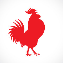 Rooster, cock, red Chinese zodiac illustration. Logo, emblem, symbol design. Red hand drawing silhouette isolated on white. Happy new year Chinese Year of the Rooster zodiac emblem 2017.