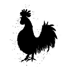 Fototapeta na wymiar Rooster silhouette Chinese calligraphy imitation. Traditionally East Asian cultures calligraphic and ink brush painting Inksticks or India ink hair texture on the edge of the cock with splash of ink.