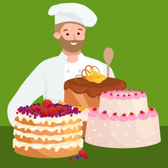 Confectioner cook chef cartoon character with cake. Vector illustrations set