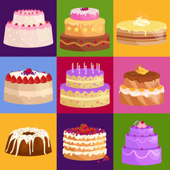 Vector cake icon set, Birthday food, sweet dessert, isolated illustration.