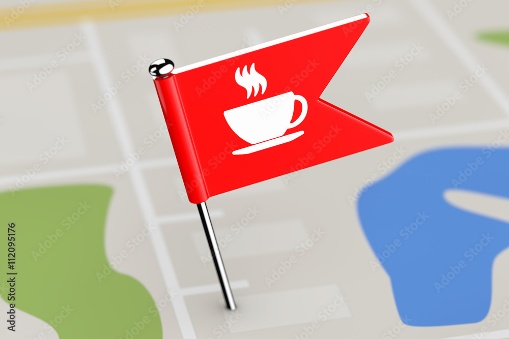 Poster Red Flag with Coffee Icon on Map Background. 3d Rendering
