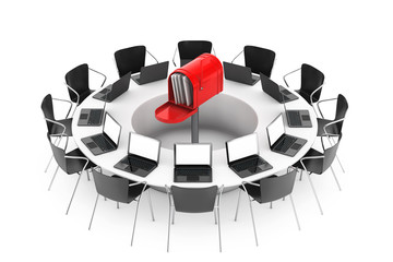Chairs around a Table with Red Mailbox in the middle. 3d Renderi