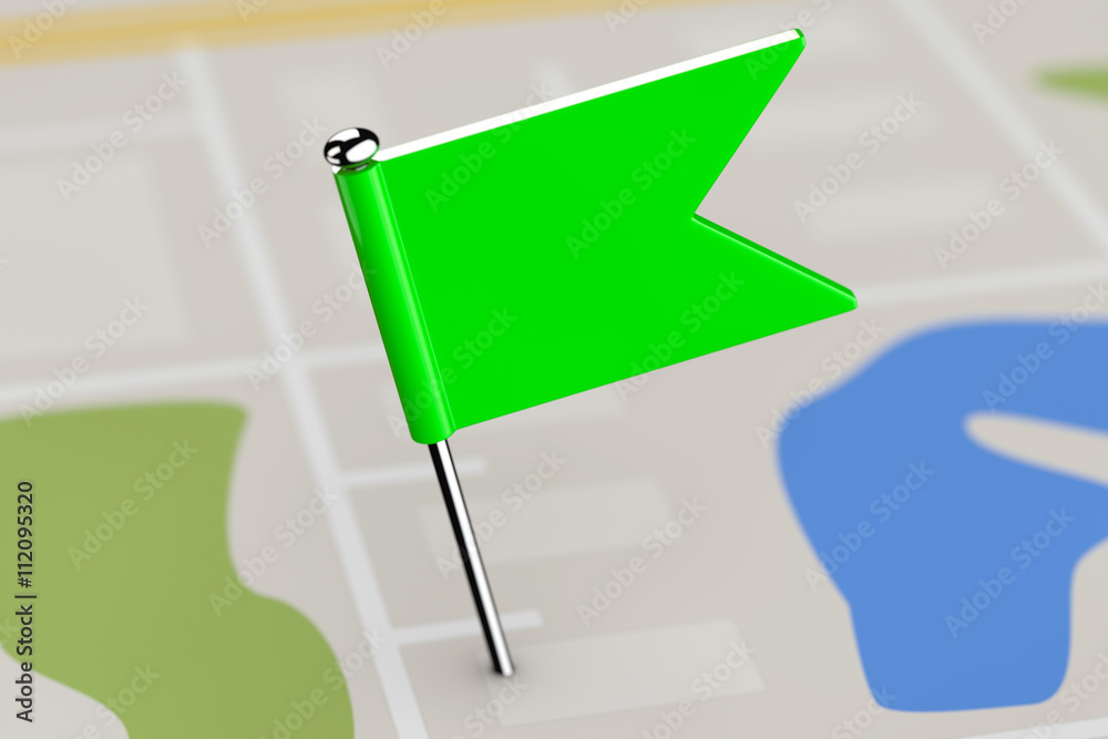 Fototapete Green Pointer Flag on Map Background. 3d Rendering