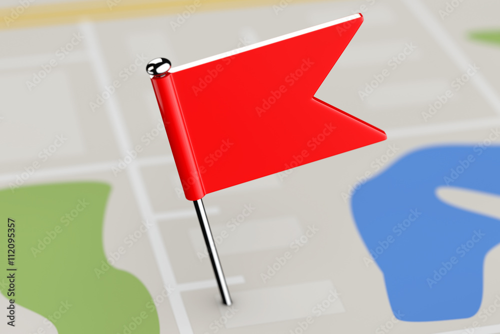 Fototapete Red Pointer Flag on Map Background. 3d Rendering