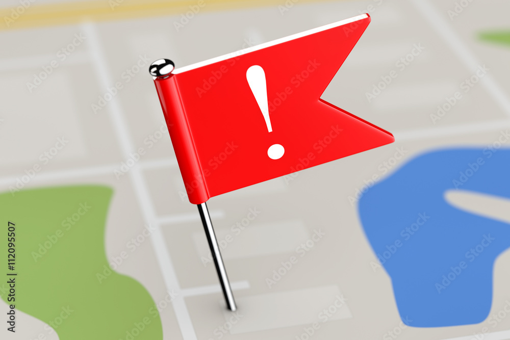 Fototapete Red Flag with Exclamation Mark on Map Background. 3d Rendering