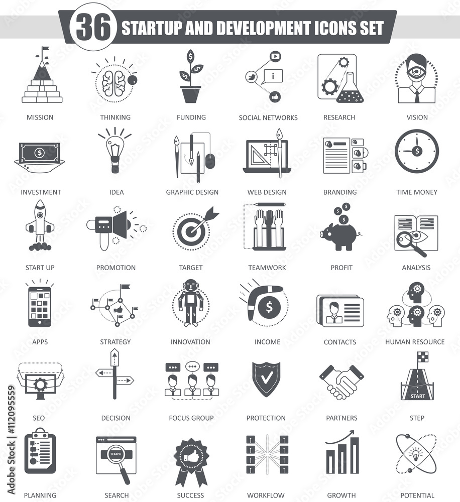 Poster Vector Startup and development black icon set. Dark grey classic icon design for web.