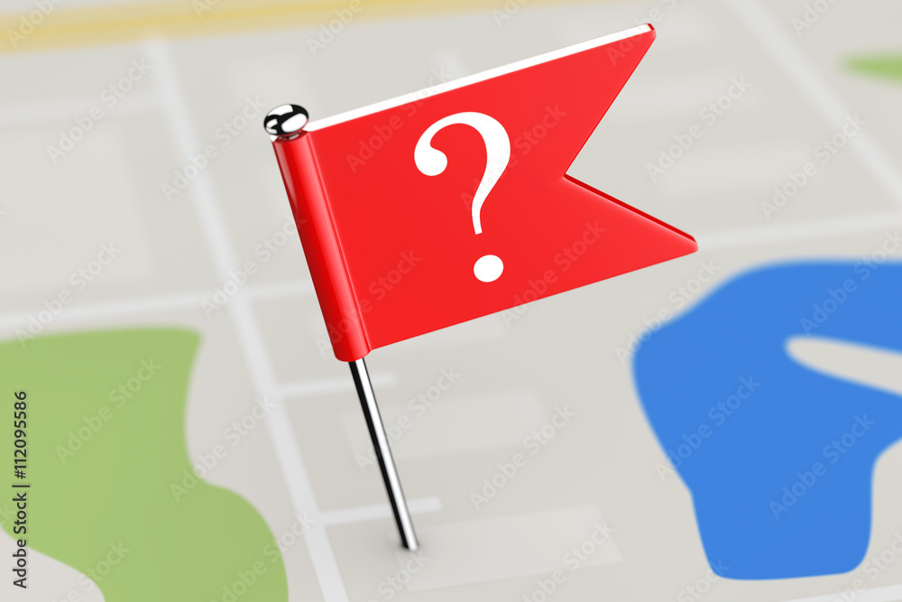 Fototapete Red Flag with Question Mark on Map Background. 3d Rendering