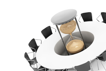 Fototapeta na wymiar Business Time Concept. Chairs around a Table with Sand Clock in