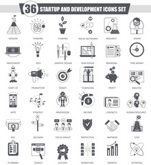Vector Startup and development black icon set. Dark grey classic icon design for web.