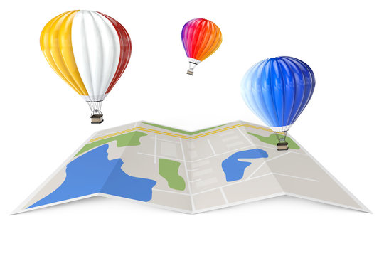 Hot Air Balloons over City Map. 3d Rendering