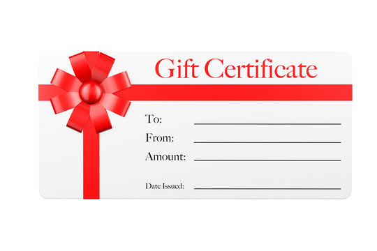 Gift Certificate with Red Ribbon and Bow. 3d Rendering