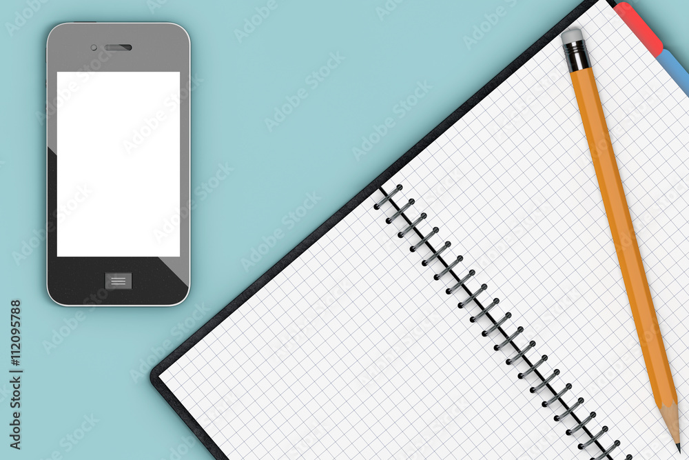 Poster Office Table with Notepad Organiser and Mobile Phone. 3d Renderi