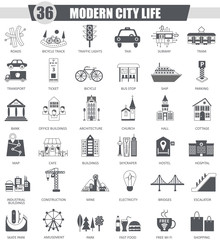 Vector Modern city black icon set. Dark grey classic icon design for web.