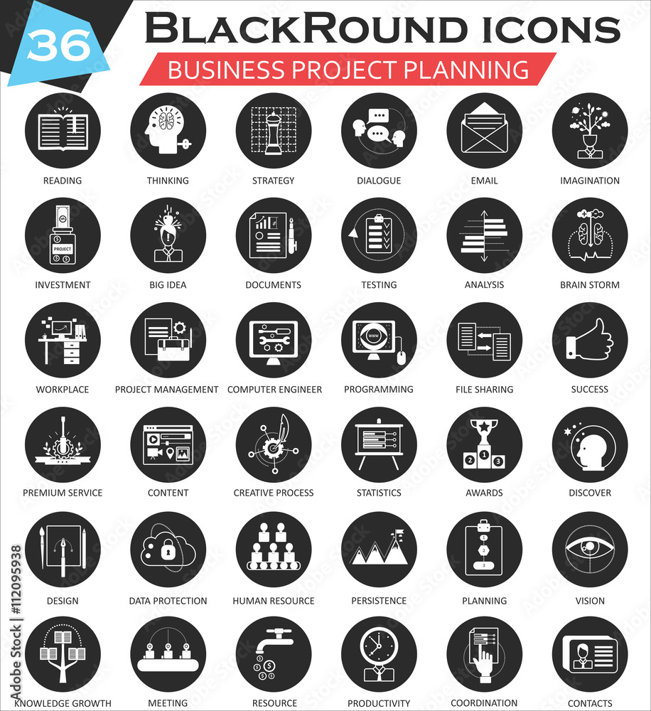 Poster vector business project planning circle white black icon set. ultra modern icon design for web.