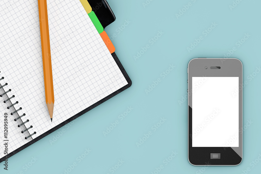 Poster Office Table with Notepad Organiser and Mobile Phone. 3d Renderi