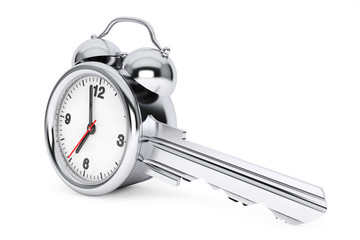 Time Management Concept. Alarm Clock as Key. 3d Rendering