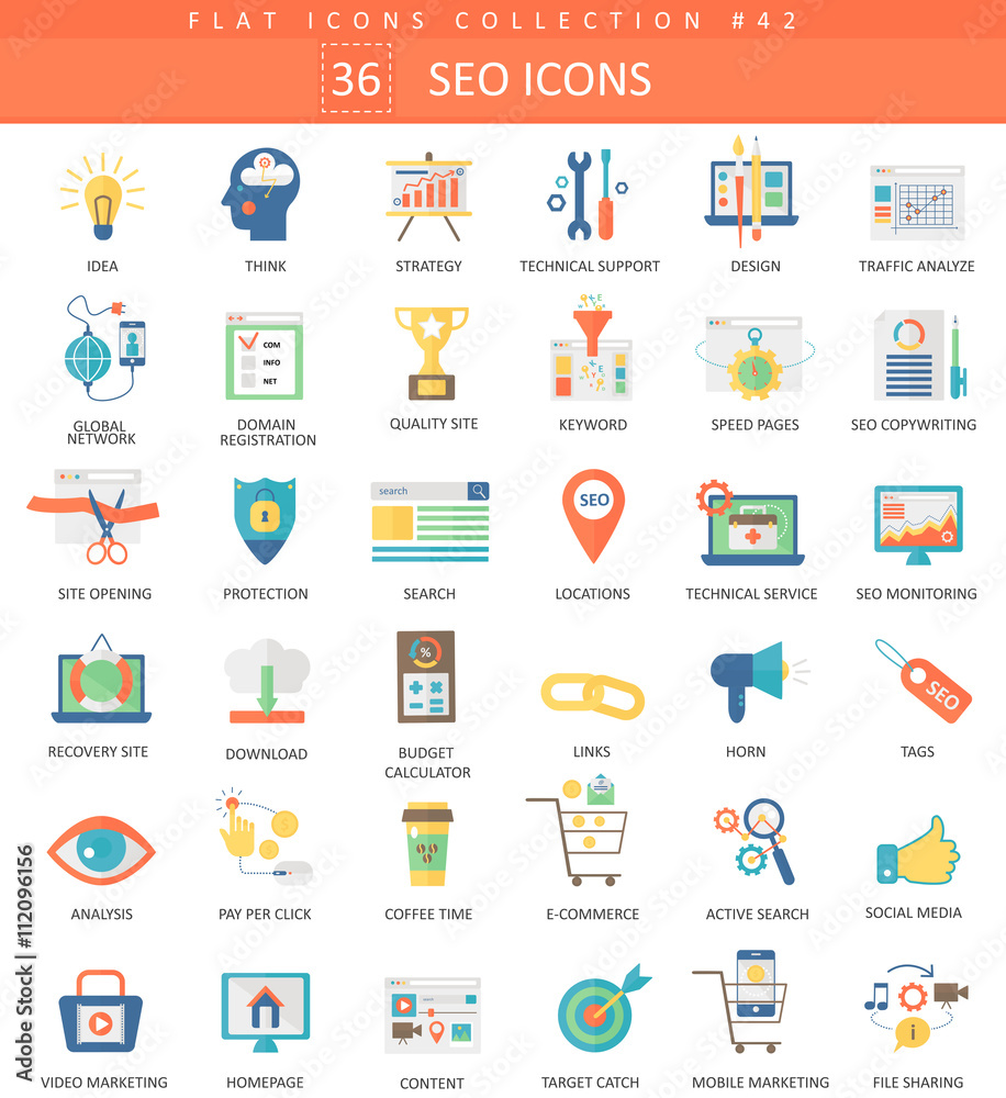 Aufkleber vector seo and development color flat icon set. elegant style design.