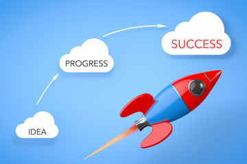 Business Concept. Rocket near Clouds with Idea, Progress and Suc