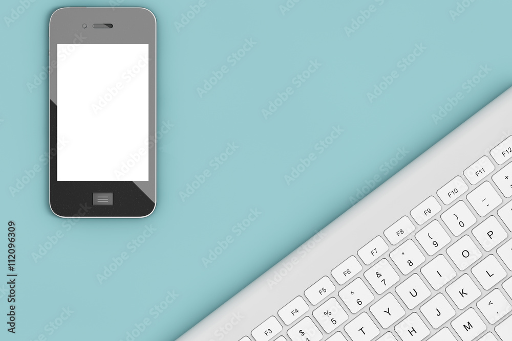 Poster Office Table with Computer Keyboard and Mobile Phone. 3d Renderi