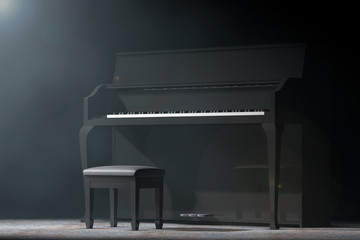 Black Piano in the volumetric light. 3d Rendering