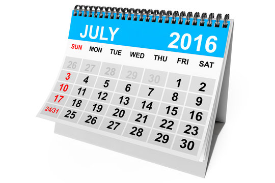 Calendar July 2016. 3d Rendering