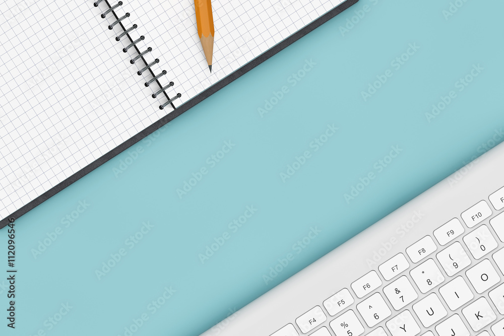 Poster Office Table with Keyboard, Notepad and Pencil. 3d Rendering