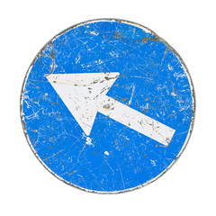 Old road sign with white arrow on blue background