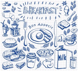 Hand drawn doodle breakfast set on squared paper - obrazy, fototapety, plakaty