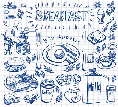 Hand drawn doodle breakfast set on squared paper