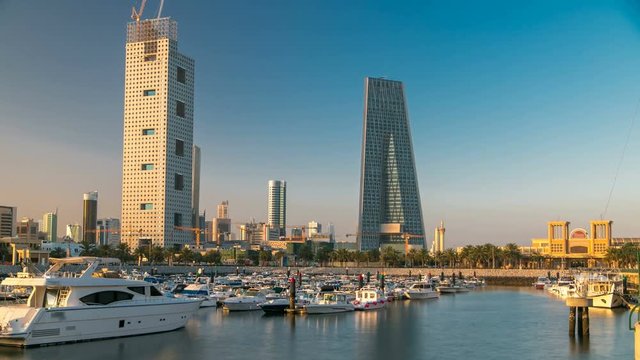 Yachts and boats at the Sharq Marina morning timelapse after sunrise in Kuwait. Kuwait City, Middle East