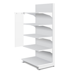 White Blank Empty Shelf Stopper Banner Showcase Displays With Retail Shelves Products 3D On White Background Isolated. Ready For Your Design. Product Packing. Vector EPS10 - 112098366