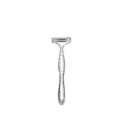Hand drawn razor. Product for body care and hygiene. Detailed sketch of element for shave or haircut isolated on white background.  Black and white pencil or ink drawing