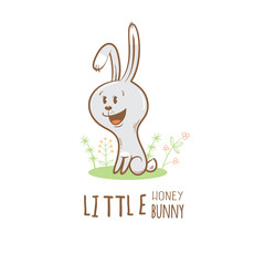 Card with cute cartoon hare. Little funny bunny. Children's illustration. Vector image.
