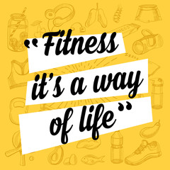 Fototapety  Plakat cytat motywacji fitness. Inspirujący baner siłowni z tekstem i ręcznie rysowanymi ikonami sportu.