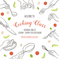 Cooking class flayer template. Cooking hands outlines isolated on white background. frame from woman hands holding kitchen items.