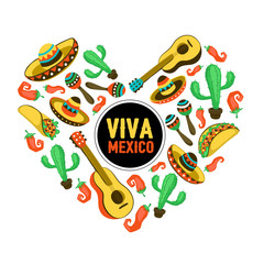Naklejka premium Viva Mexico poster in heart shape. Mexican culture attributes collection. Guitar, sombrero, maracas, cactus and jalapeno isolated on white background.