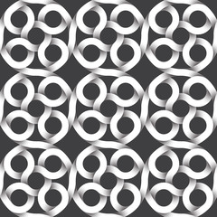 Abstract repeatable pattern background of white twisted strips. Swatch of intertwined circular strips. Seamless pattern with optical illusion of volume rings.