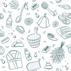 Sauna seamless pattern from sauna accessories sketches. Hand drawn spa items background. Doodle sauna objects isolated on white background. 