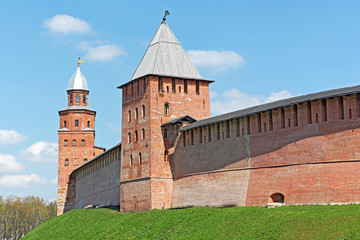 Old brick Kremlin walls and towers of Veliky Novgorod (Novgorod the Great), Russia