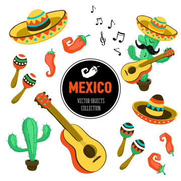 Mexican culture attributes collection. Guitar, sombrero, maracas, cactus and jalapeno isolated on white background.