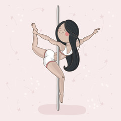 Cute girl performing pole dance on the pink background - 112101927