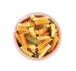 pasta in wood bowl on white background
