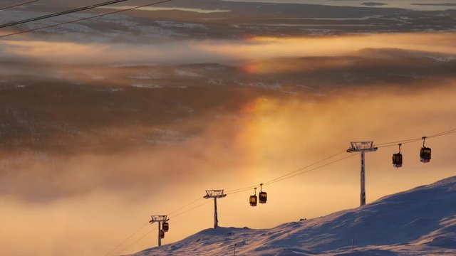 Are Sweden Cable Car Passing By Sunset Golden Colors Sun Flare Action Holiday Travel Tourism Happiness Vacation Concept Uhd 4K