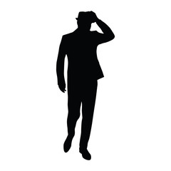 Man in suit bows hat. Vector silhouette. Man walks. Businessman,