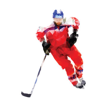 Polygonal ice hockey player. Abstract red vector geometrical hoc