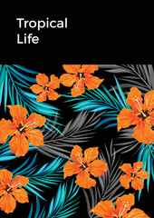 Obraz premium Summer tropical hawaiian background with palm tree leaves and exotic flowers