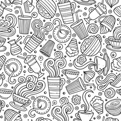 Cartoon hand-drawn coffee shop seamless pattern