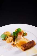 Fine dining, Plated freshly grilled pork bellies with potato balls and vegetable
