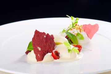 Fine dining dessert, Cherry Parfait, ice cream, white chocolate mousse and spices