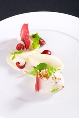 Fine dining dessert, Cherry Parfait, ice cream, white chocolate mousse and spices